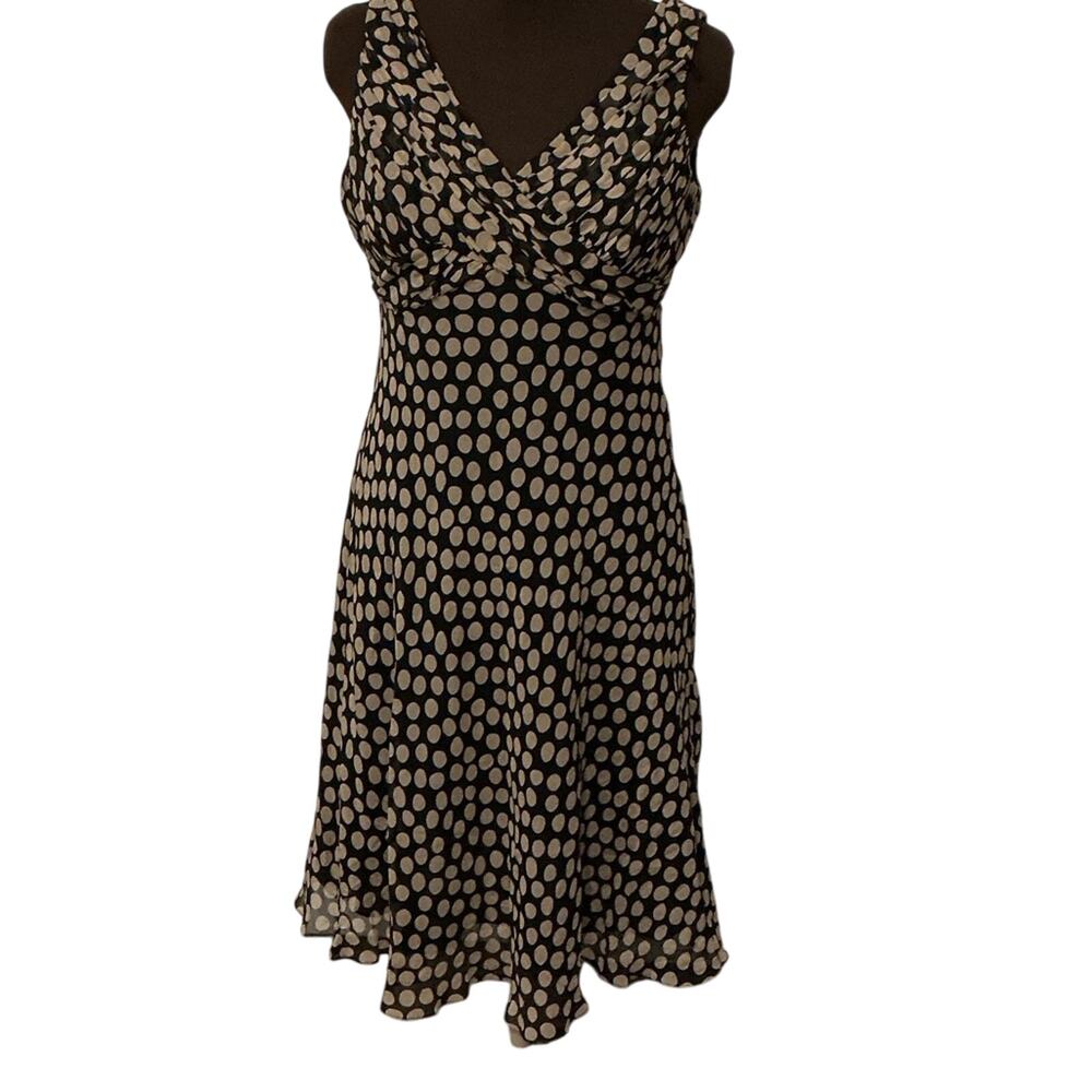 Adrianna Papell Petites Black Polka Dot 100% Silk Y2K Midi Dress Size 10P Office
